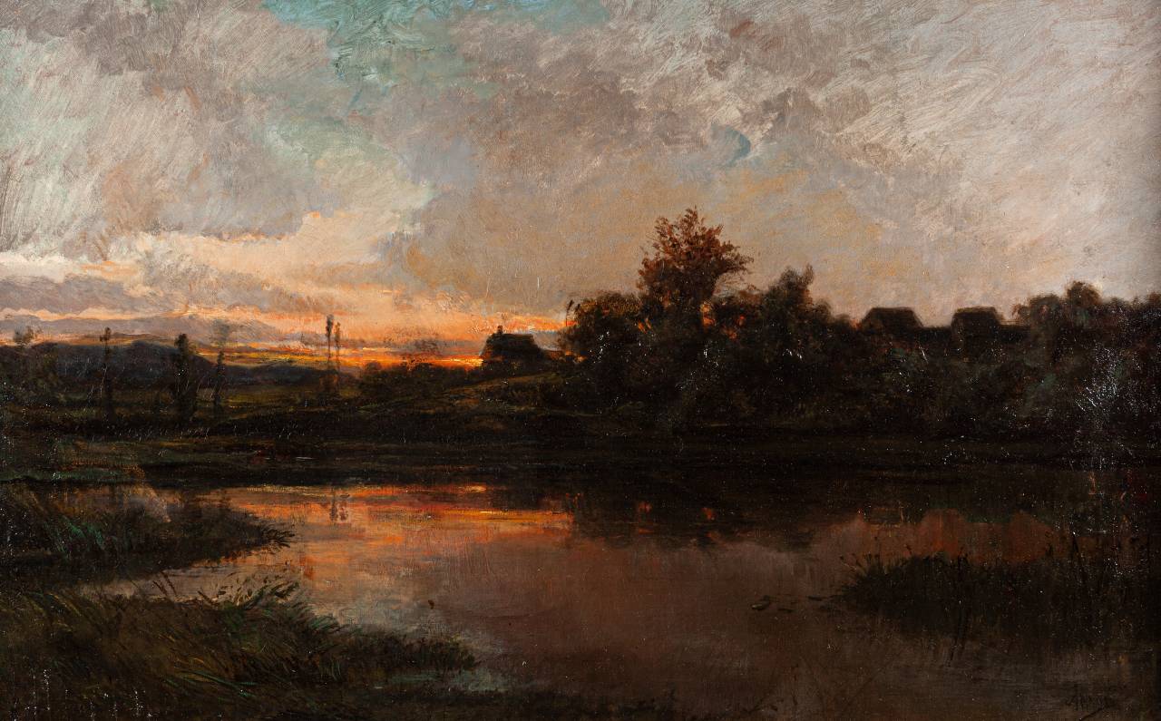 Adolphe APPIAN, Paysage au coucher de soleil, Huile sur toile, signée en bas à droite