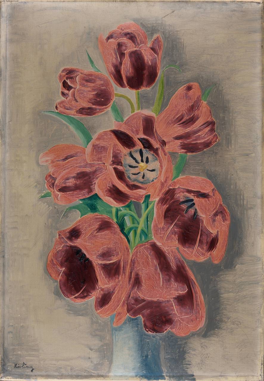 Tulipes sur fond nacré, circa 1928. Huile sur toile, signée en bas à gauche.Moïse KISLING (1891-1953).